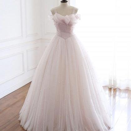 Light Pink Tulle Long Party Dress With Pearls,..