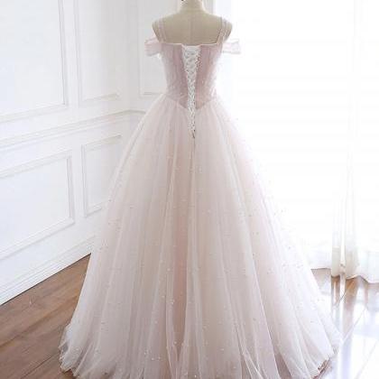 Light Pink Tulle Long Party Dress With Pearls,..