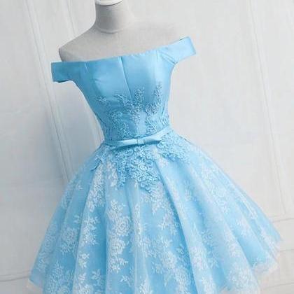 Light Blue Lace And Satin Short Party Dress, Blue..