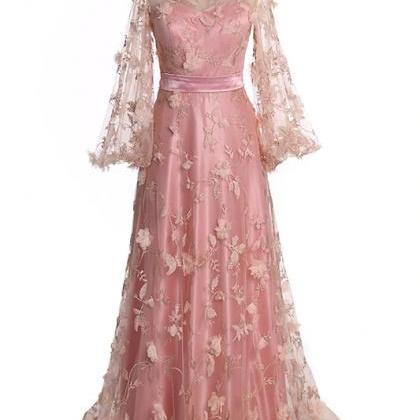 Charming Pink Floral Tulle Long Sleeves Wedding..
