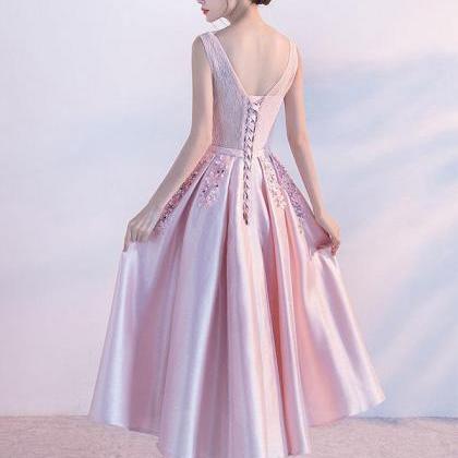 Chic Pink Satin And Lace Bridesmaid Dress With..