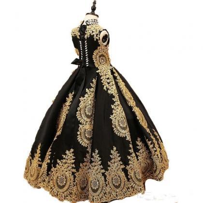Cute Luxurious Black And Gold Lace Flower Girls..