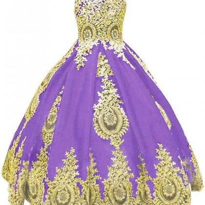 Luxurious Light Purple And Gold Lace Flower Girls Dress High Neck
