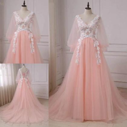 Pink Lace Applique V-neckline Long Prom Dress,..