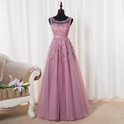 Beautiful Pink Tulle Round Neckline Long Party..