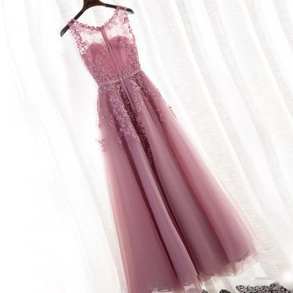 Beautiful Pink Tulle Round Neckline Long Party..