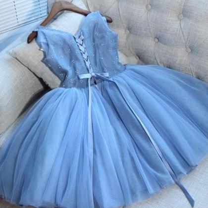 Cute Blue Tulle Short Knee Length Homecoming..
