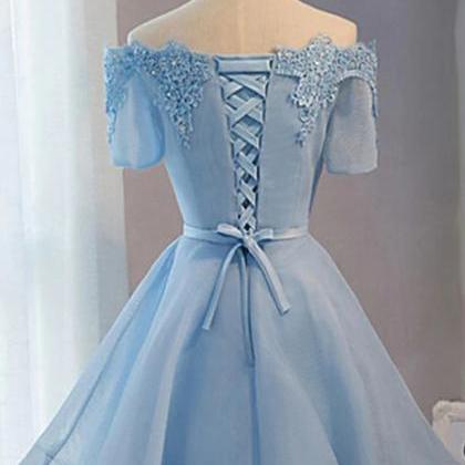 Blue Short Sleeves Lace Applique Homecoming Dress,..
