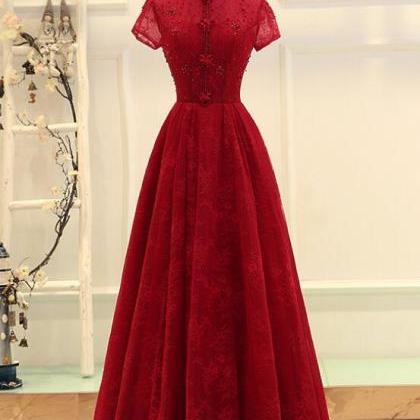 Wine Red Cap Sleeves High Neckline Long Party..