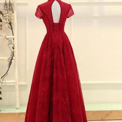 Wine Red Cap Sleeves High Neckline Long Party..