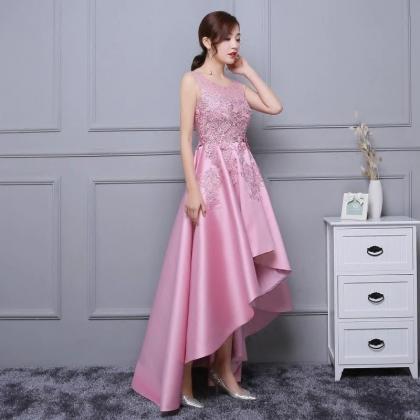 Beautiful Pink High Low Satin And Lace Homecoming..