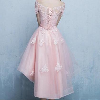 Pink Off Shoulder Tulle High Low Homecoming..