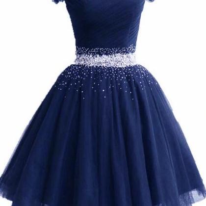 Lovely Off Shoulder Navy Blue Beaded Homecoming..