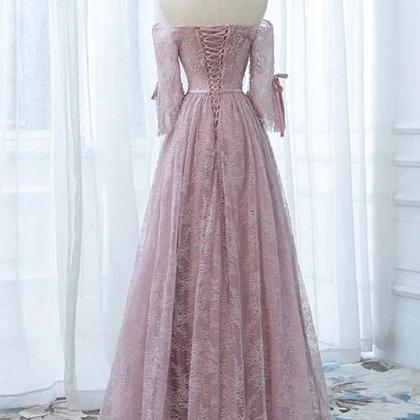 Pink Lace Off Shoulder Sleeves Long Party Dress,..