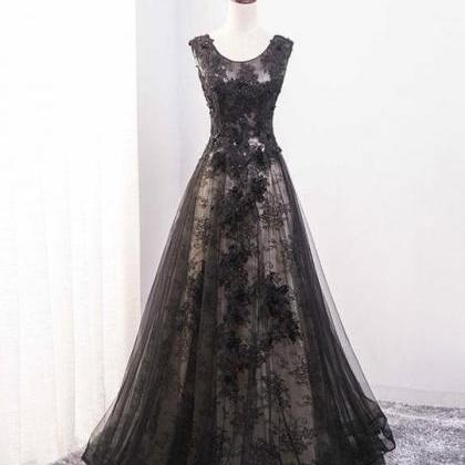 Black Tulle And Lace Round Neckline A-line Party..