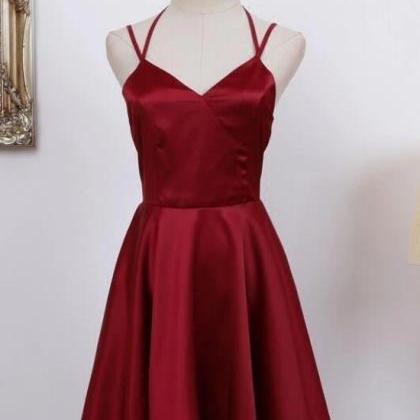 Cute Straps Dark Red Mini Party Dress, Dark Red..