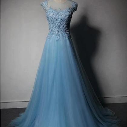 Lovely Blue Tulle Cap Sleeves Long Lace Applique..