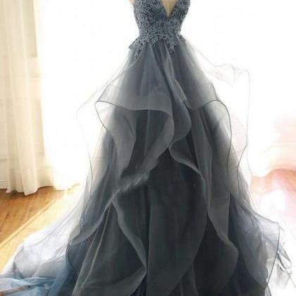 Blue Lace Top With Layers Tulle Prom Dress, Straps..