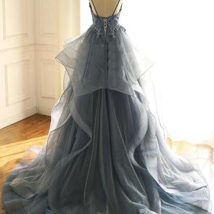 Blue Lace Top With Layers Tulle Prom Dress, Straps..