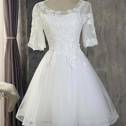 Cute White Short Sleeves Tulle With Lace Party..
