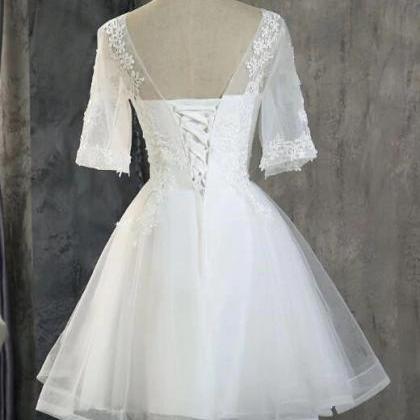 Cute White Short Sleeves Tulle With Lace Party..