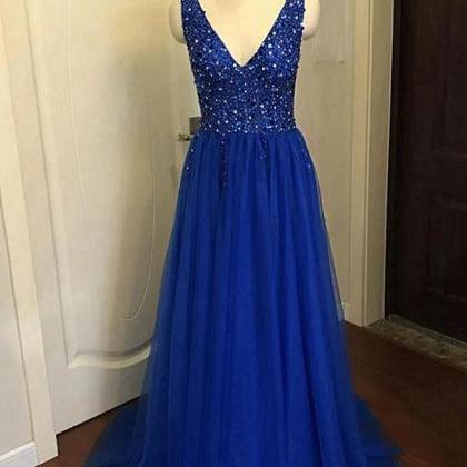 Lovely Tulle V-neckline Blue Long Prom Dress,..