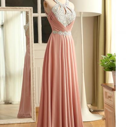 Pink Sequins Satin Long Junior Prom Dress, A-line..