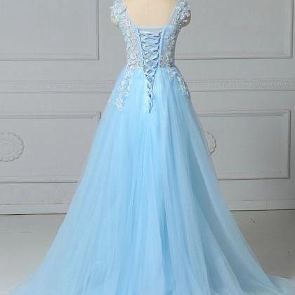 Beautiful Light Blue Tulle Long Party Gown, Prom..