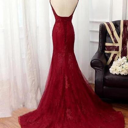 Elegant Burgundy Mermaid Lace Prom Dresses, Wine..