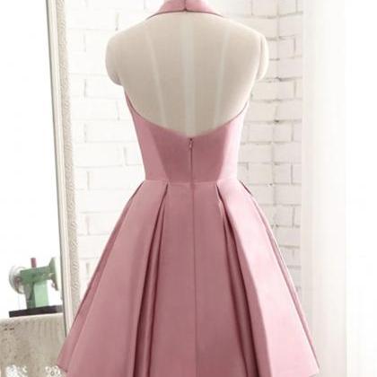 V Neck Pink Satin Halter Knee Length Party Dress..