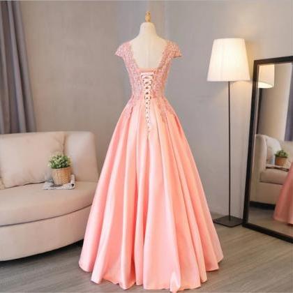 A Line Pink Satin With Lace Bodice Party Dress..
