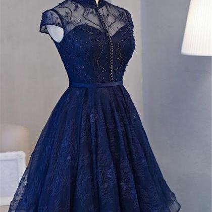 Short Navy Blue Knee Length Lace Party Dress..