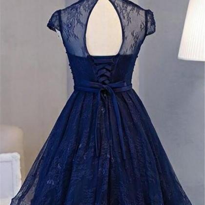 Short Navy Blue Knee Length Lace Party Dress..