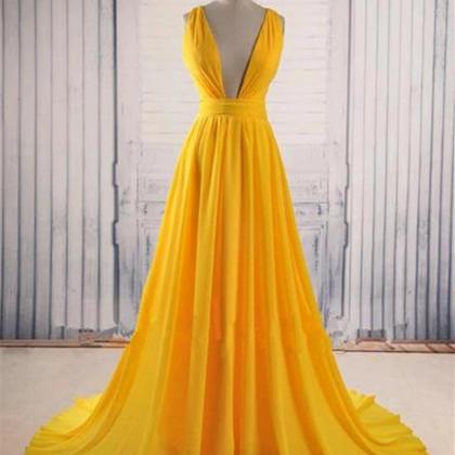 Sexy V Neck Yellow Prom Dress With Sweep Train..