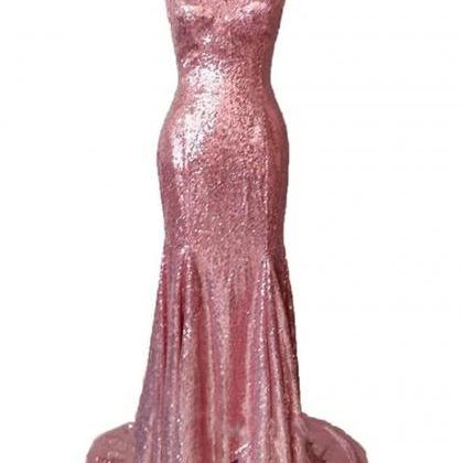 Pink Sequins Mermaid Long Party Dress Evening Sexy..