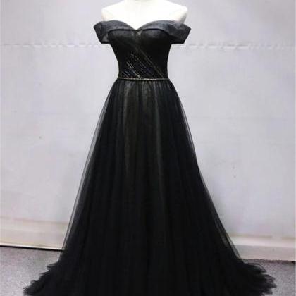 Elegant Black Off Shoulder Tulle Gown Evening..