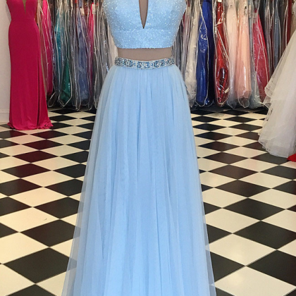 Light Blue Beaded Prom Dress High Neck Two Piece..
