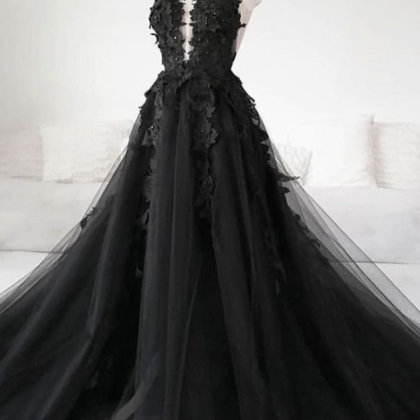 Custom Black Tulle Applique Long Prom Dress..