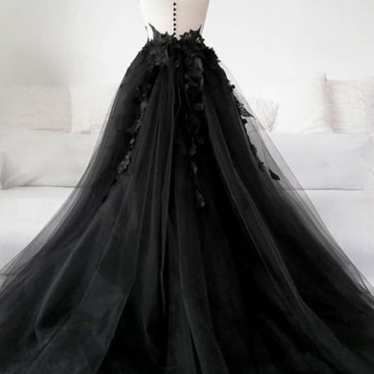 Custom Black Tulle Applique Long Prom Dress..