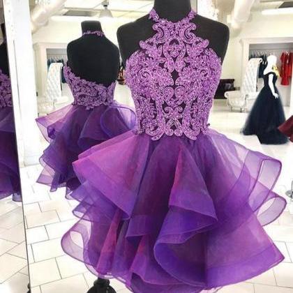 Cute Purple Tulle Lace Short Hand Made Prom Dress..