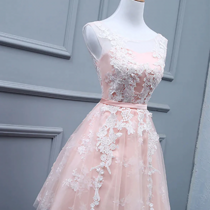 Custom Hand Made Light Pink Short Lace Prom..