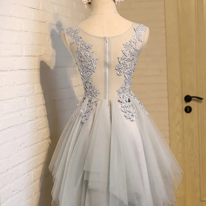 Round Neck Short Gray Evening Prom Dresses Lace..