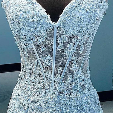 Sweetheart Blue Lace Prom Dresses, Short Formal..