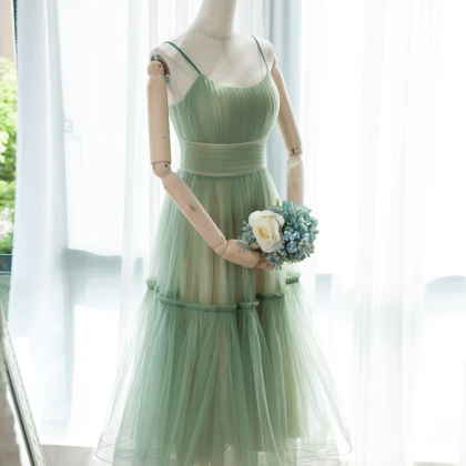 Simple A-line Strap Green Short Prom Dress Tulle..