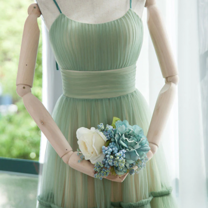 Simple A-line Strap Green Short Prom Dress Tulle..