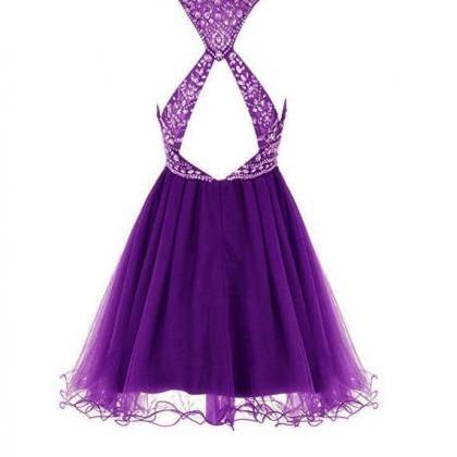 Purple Beaded Tulle Homecoming Dress Short..