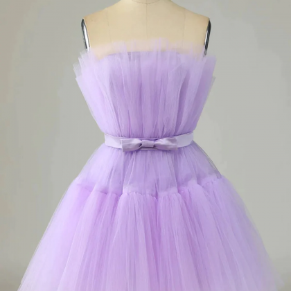 A Line Short Purple Tulle Prom Dresses, Short Purple Tulle Graduation Homecoming Dresses main image 1