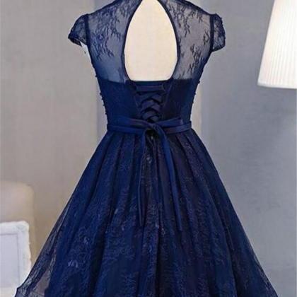 Short Navy Blue Knee Length Cap Sleeve Lace Party Dress Evening Prom ...
