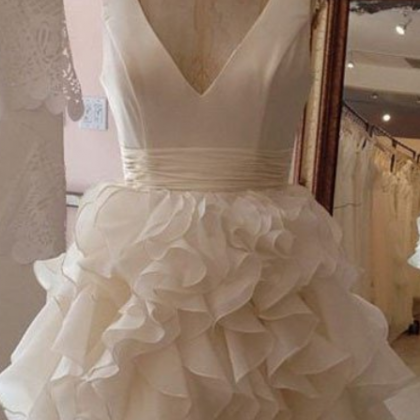 Cute V-neck Ruffled Short White Skirt Prom Dress..