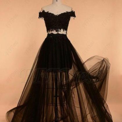 Two Pcs Black Prom Dress Lace Evening Dress Ss92